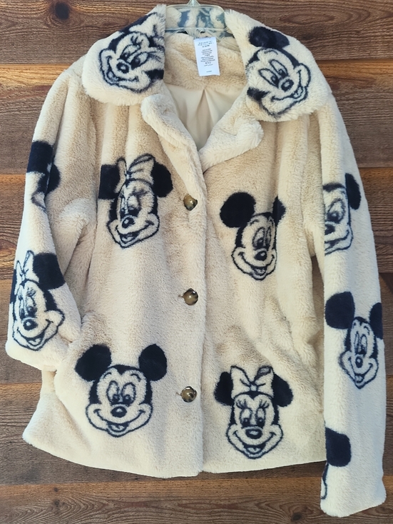 Disney Jackets & Blazers - Disney Parks Cream Faux Fur Mickey & Minnie Face Coat S